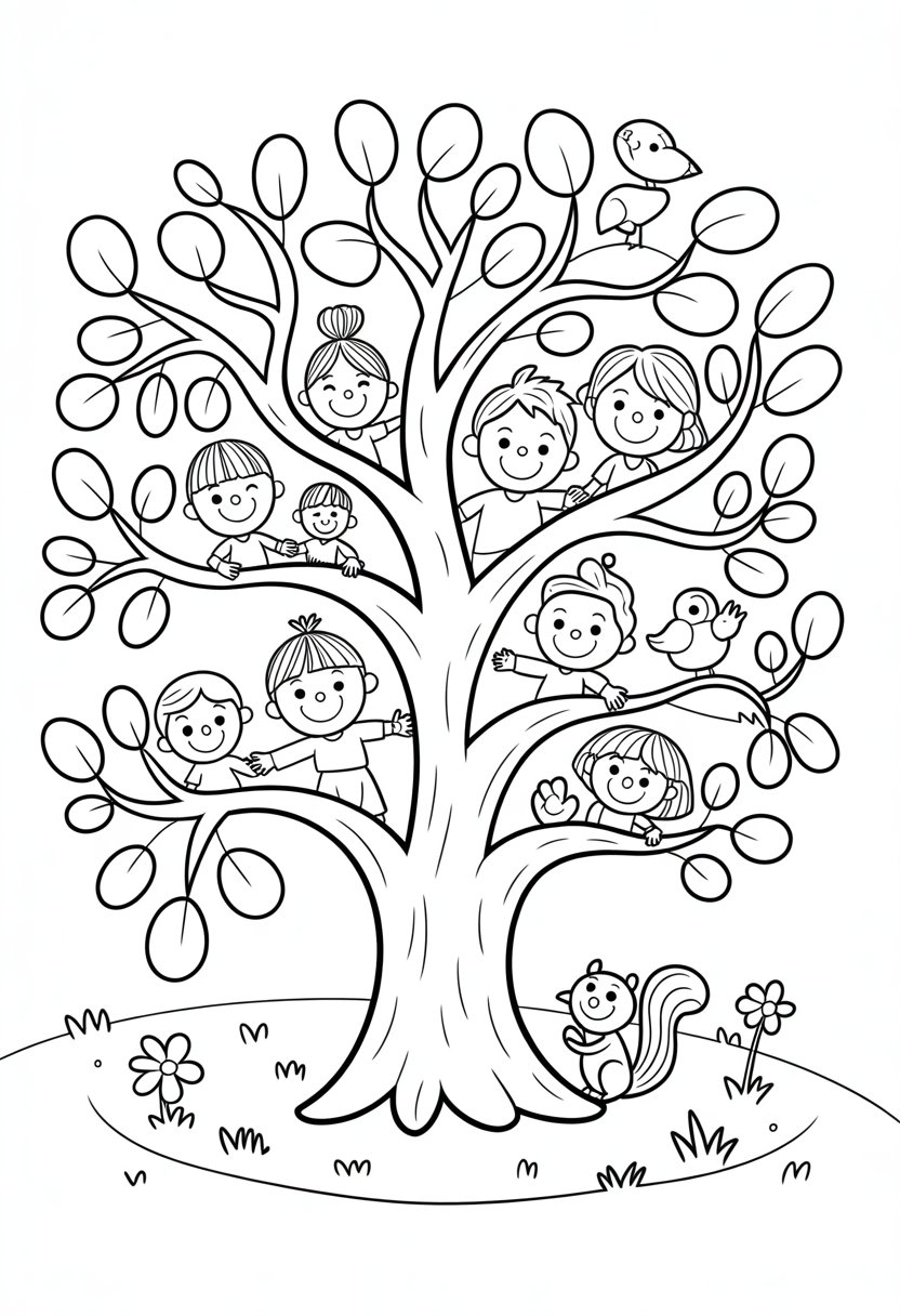 I Love My Family Coloring Pages List of 13 Fun and Educational Designs 22 A large family tree with smiling family members standing among the branches, along with a bird and a squirrel near the tree, surrounded by simple flowers and grass.